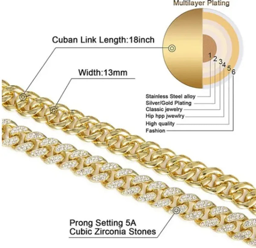 Men's Hip Hop Fashion Luxury 18K Gold and 925 Silver Ice-wound Hip Hop Diamond Watch Miami Cuban Bracelet and Ladies Watch Silver Diamond Bracelet Men and Women Hip Hop Party Jewelry