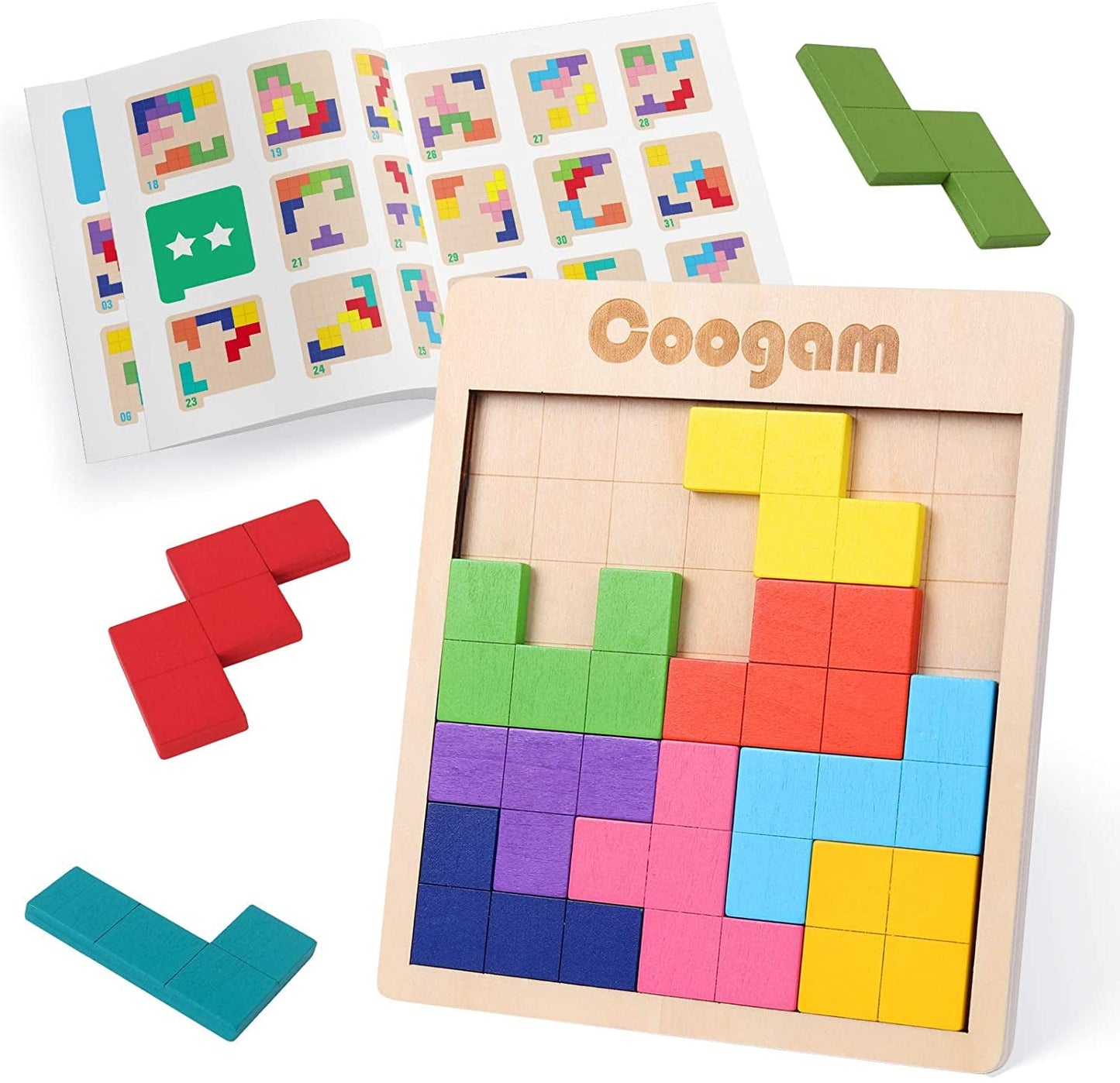 Wooden Puzzle Pattern Blocks Brain Teasers Game with 60 Challenges, 3D Russian Building Toy Wood Tangram Shape Jigsaw Puzzles Montessori STEM Educational Toys Gift for Kids Adults