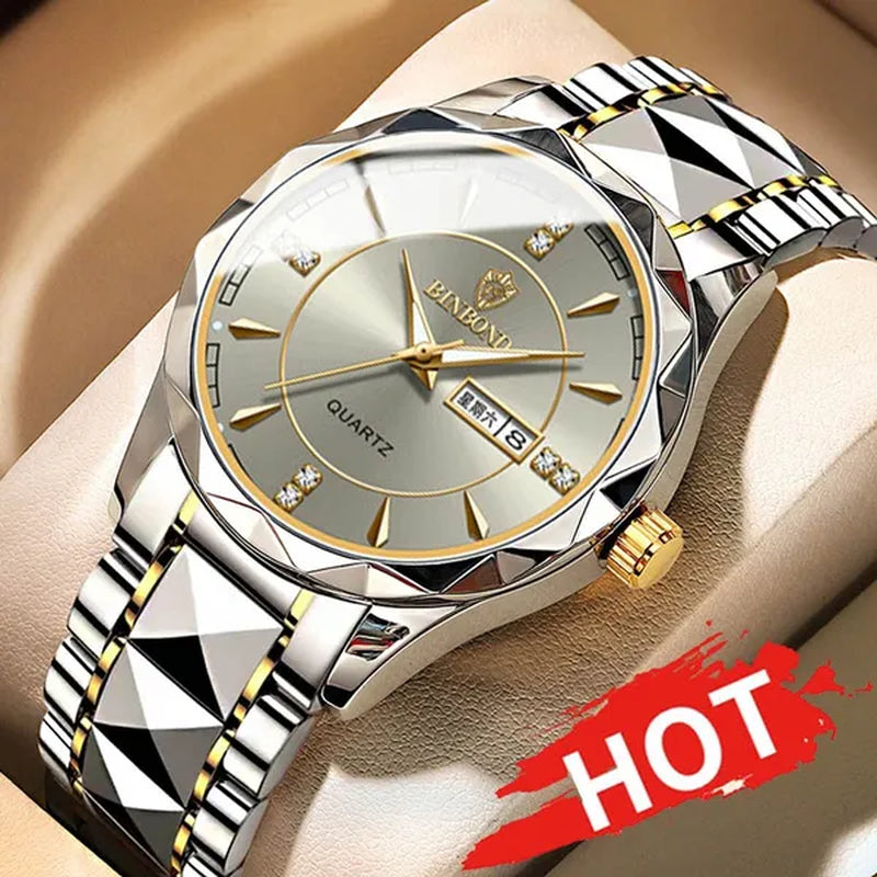 BINBOND Men's Fashion Quartz Watches Ultra Thin Diamond Stainless Steel Watch Waterproof Luminous Wrist Watch