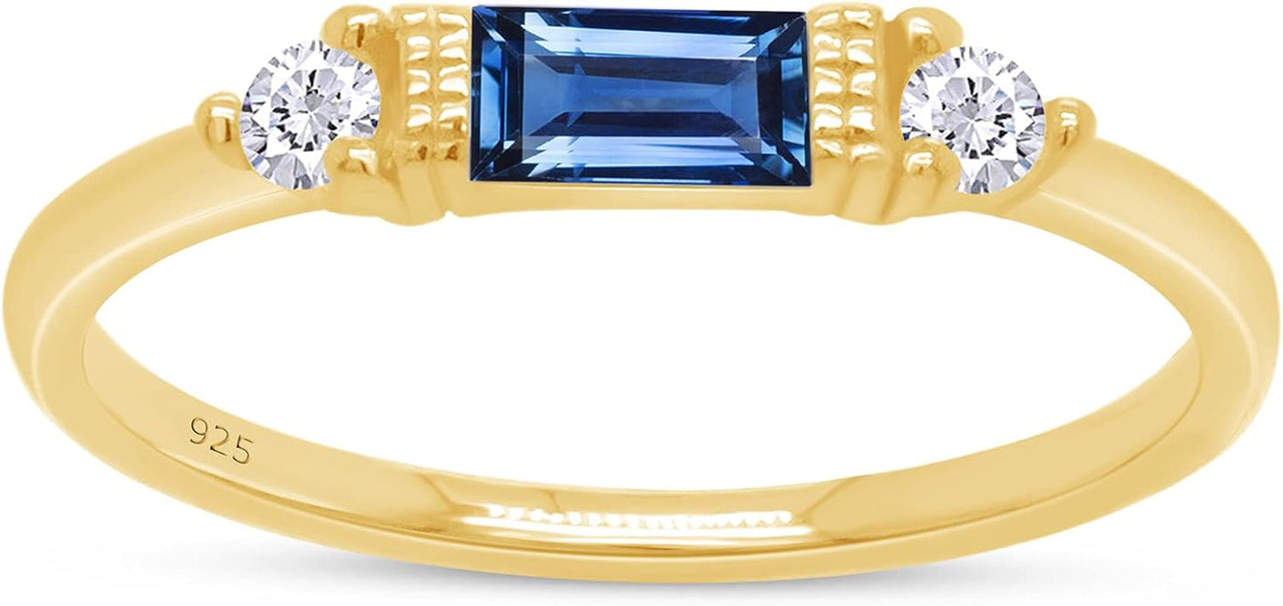 925 Sterling Silver Baguette Cut Simulated Birthstone and White Cubic Zirconia Three Stone Design Bridal Engagement Wedding Ring Jewelry, Gift for Her