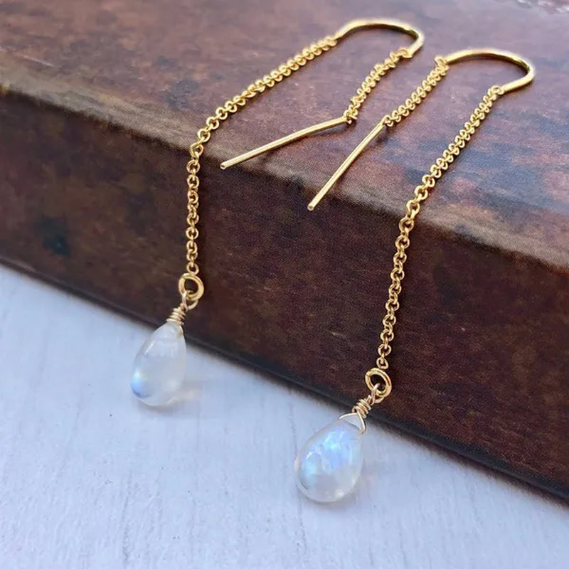 Moonstone Threader Earrings, Rainbow Moonstone Earrings, Minimalist Jewelry, Pull Through Chain Ear Threader, Summer Earrings, Gift for Her