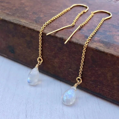 Moonstone Threader Earrings, Rainbow Moonstone Earrings, Minimalist Jewelry, Pull Through Chain Ear Threader, Summer Earrings, Gift for Her