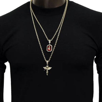 Yellow Gold Mens Gold Angel&P Ruby Bundle Set Cz Pendant Hip Hop 24"& 30"Rope Necklace Chain Pendant