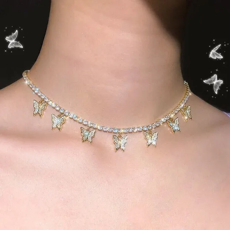 YUNSEABUY Little Butterfly Pendant Full Diamond Choker Necklace for Women Girls Jewelry