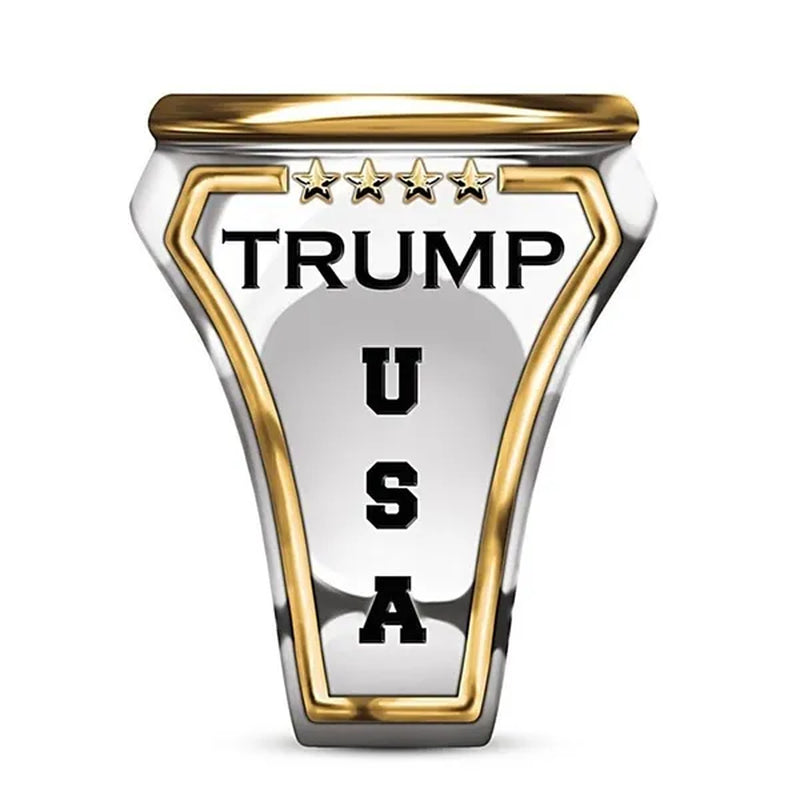 925 Sterling Silver Plated Mens Fashion Ring Two Tone 18K Gold Plated"Make America Great Again" USA President Trump Statue Commemorative Coin Rings General Election Trump Supporters Jewelry Successfully Elected Souvenir Gift Size 6 - 13