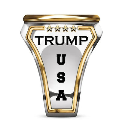 925 Sterling Silver Plated Mens Fashion Ring Two Tone 18K Gold Plated"Make America Great Again" USA President Trump Statue Commemorative Coin Rings General Election Trump Supporters Jewelry Successfully Elected Souvenir Gift Size 6 - 13