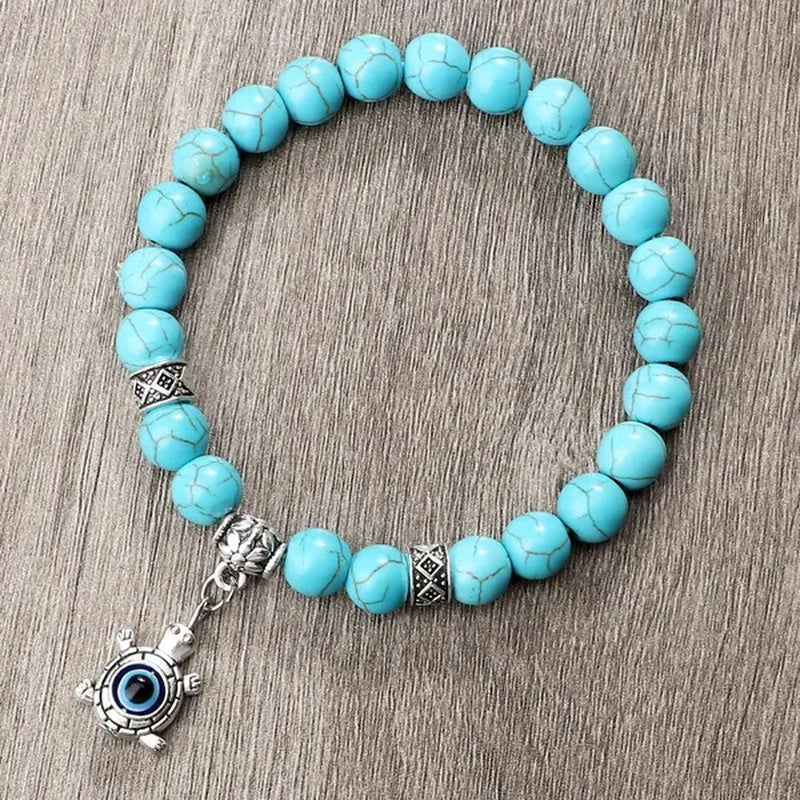 Turkey Evil Eye Beaded Bracelets Butterfly Buddhist Palm Hand Owl Turtle Alloy Pendant Bracelet Women Men Lucky Stretch Bangles Jewelry