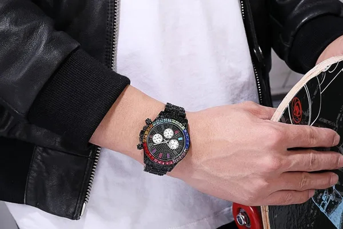 Men Watch Luxury Brand  Mens Gold men Watch Quartz Clock Chronograph colorful Diamond Steel Iced Out Watch Reloj Hombre