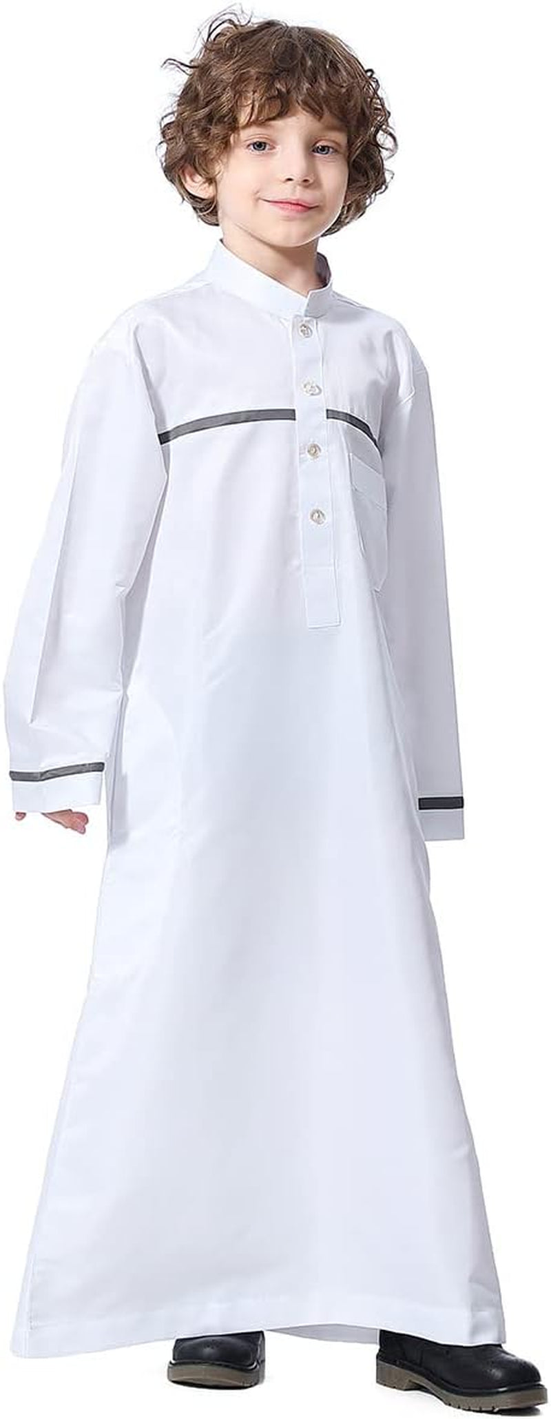 Kids Boys Muslim Thobe Long Sleeve Islamic Arabic Kaftan Robe Middle East Dubai Prayer Outfit with Pocket