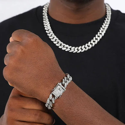 Hip Hop Iced Out Paved Rhinestones 13MM Full Miami Curb Cuban Chain CZ Bling Rapper Necklaces Bracelet Watch for Men Jewelry Set