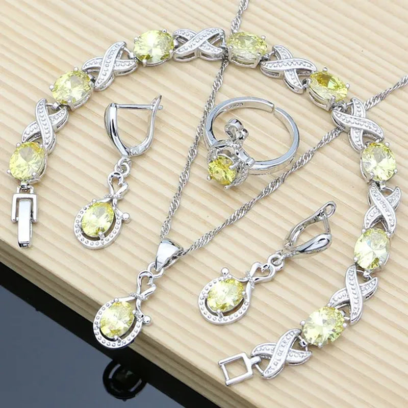 925 Sterling Silver Jewelry Sets Yellow Topaz Gemstone Wedding Women Earrings/Pendant/Necklace/adjustable Ring/Bracelets