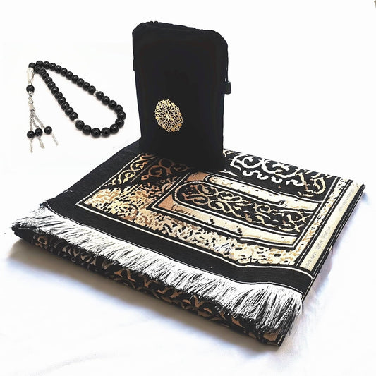 SHUKRAN Prayer Rug Muslim Prayer Mat with Bag & Prayer Beads for Kids Men Women - Soft Thin Prayer Matt Islam for Eid Travel Ramadan Perfect Islamic Gifts Chenille Fabric
