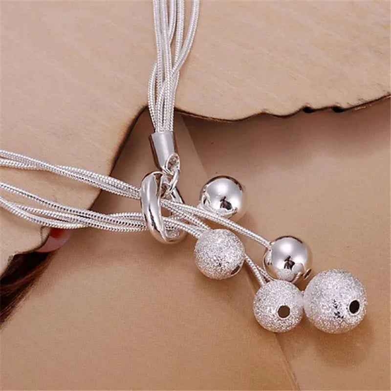 Women's Fashion 925 Sterling Silver Five-line Snake Chain Matte Smooth Bead Pendant Necklace Bracelet Earring Jewelry Set