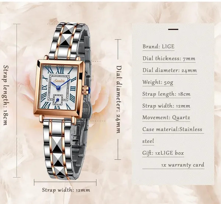 2021 LIGE Brand SUNKTA Women Watches Fashion Square Ladies Quartz Watch Bracelet Set Dial Simple Rose Gold Luxury Women Watches