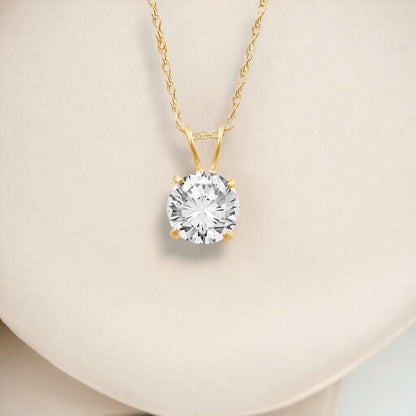 10K Solitaire Pendant Necklace for Women | Yellow or White Gold 6.5MM (1 Cttw) or 7.5MM (1.5 Cttw) or 8.0MM (2.0 Cttw) round Cut Cubic Zirconia Necklace | 18” Rope Chain | with Jewelry Gift Box