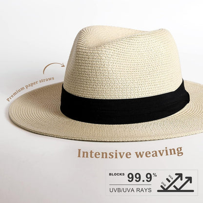 Womens Mens Wide Brim Straw Panama Hat Fedora Summer Beach Sun Hat UPF Straw Hat for Women