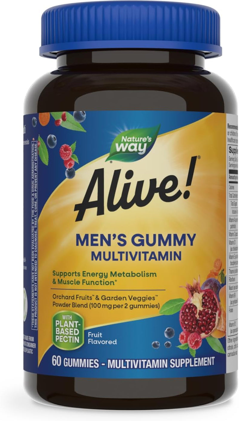 Alive! Men'S Daily Gummy Multivitamin, Supports Energy Metabolism*, Muscle Function*, B-Vitamins, B-Vitamins, Gluten-Free, Vegetarian, Fruit Flavored, 60 Gummies (Packaging May Vary)