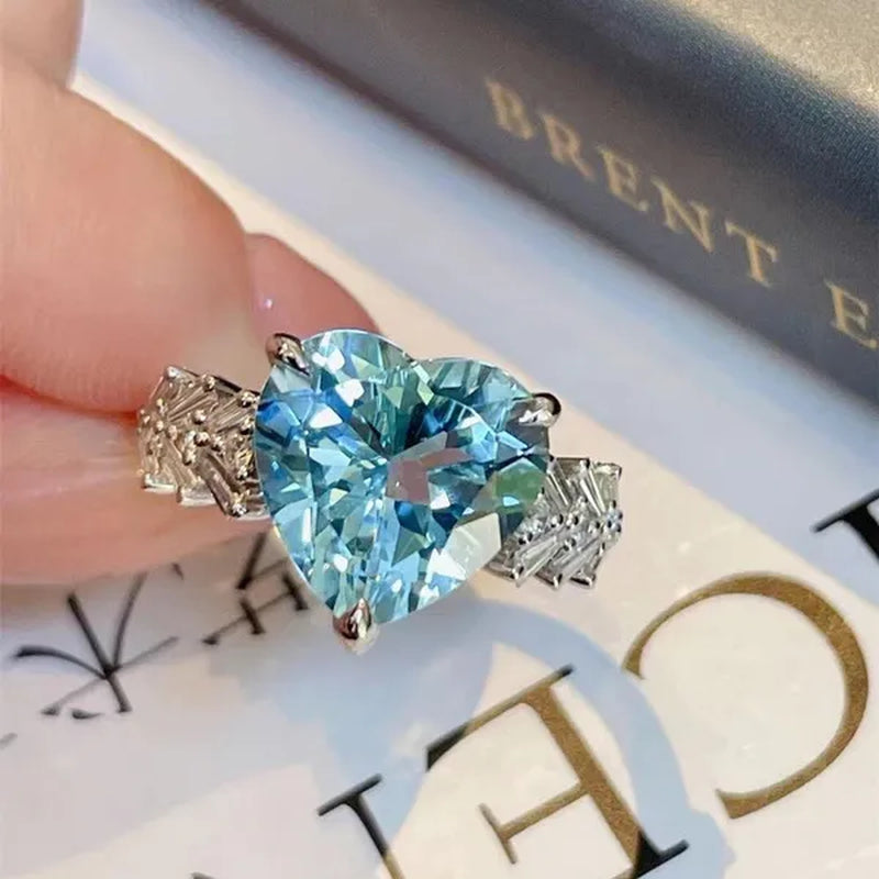 Exquisite Silver-Plated Natural Sapphire Ring Luxury Fashion Square Diamond Embellished Heart Shaped Gemstone Ring Wedding Anniversary Romantic Anniversary Gift Handmade Jewelry Index Finger Ring