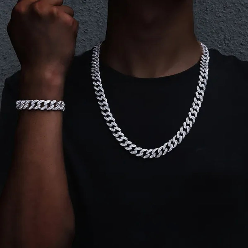Hip Hop Iced Out Paved Rhinestones 13MM Full Miami Curb Cuban Chain CZ Bling Rapper Necklaces Bracelet Watch for Men Jewelry Set