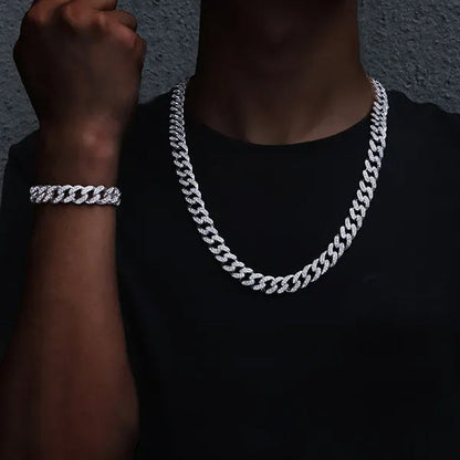 Hip Hop Iced Out Paved Rhinestones 13MM Full Miami Curb Cuban Chain CZ Bling Rapper Necklaces Bracelet Watch for Men Jewelry Set