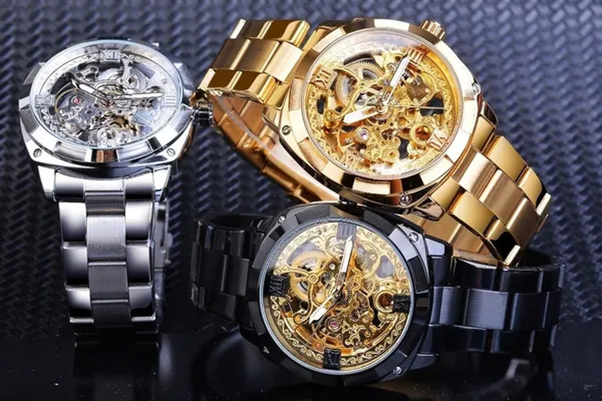 FORSINING New Top Quality Men Luxury Skeleton Automatic Winding Mechanical Watches Gold Stainless Steel Waterproof Wristwatch with Gift Box