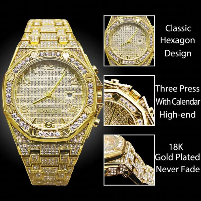 Mens Fashion Watches Luxury Gold Analog Watch Calender Man Hip Hop Bracelet Watch Diamond Quartz Wristwatches