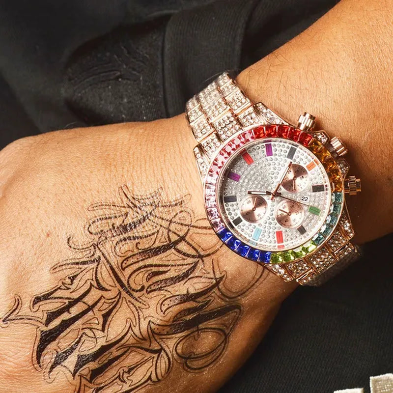 Men Watch Luxury Brand  Mens Gold men Watch Quartz Clock Chronograph colorful Diamond Steel Iced Out Watch Reloj Hombre