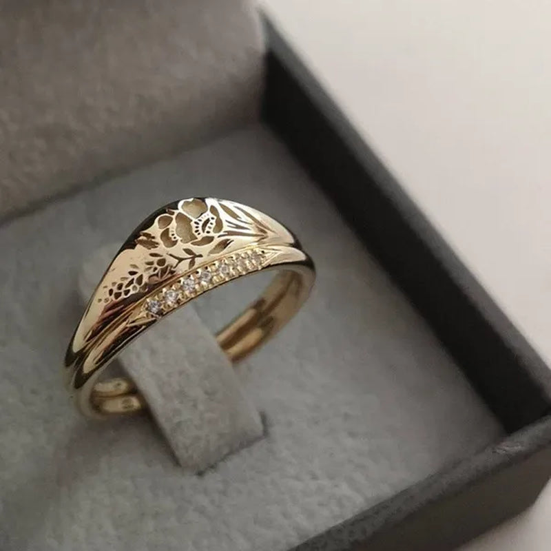 2Pcs/Set Women's Fashion Jewelry Exquisite 925 Sterling Silver Ring Personality Carved Rose Flower Stackable Diamond Wedding Rings Set Beautiful Princess Bride Proposal Engagement Cocktail Party Accessories Anniversary Gift Size US4-12 Bague Femme