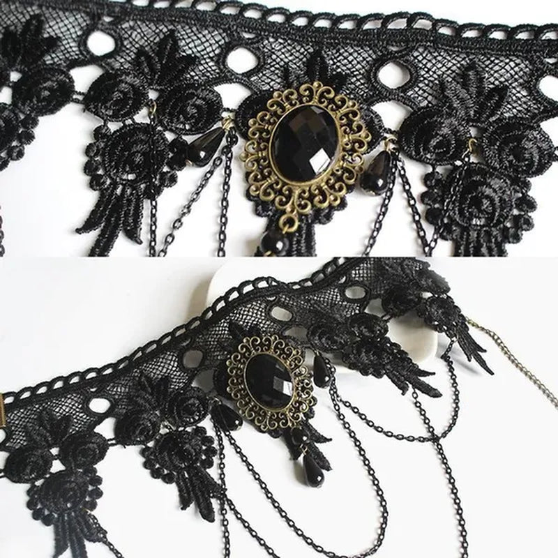 1 PCS Black Lace Necklace Chokers Vintage Style Female Gothic Wedding Red Rose Crystal Diamond Pendant Collarbone Necklace Chain Accessories for Women Girls(10 Style)