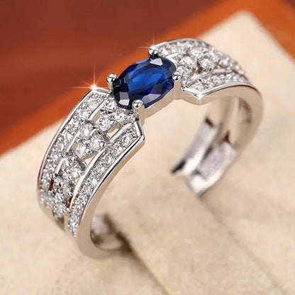 Trendy Micro Pave Cubic Zirconia Blue Sapphire Rings for Women Daily Casual Fashion Accessories