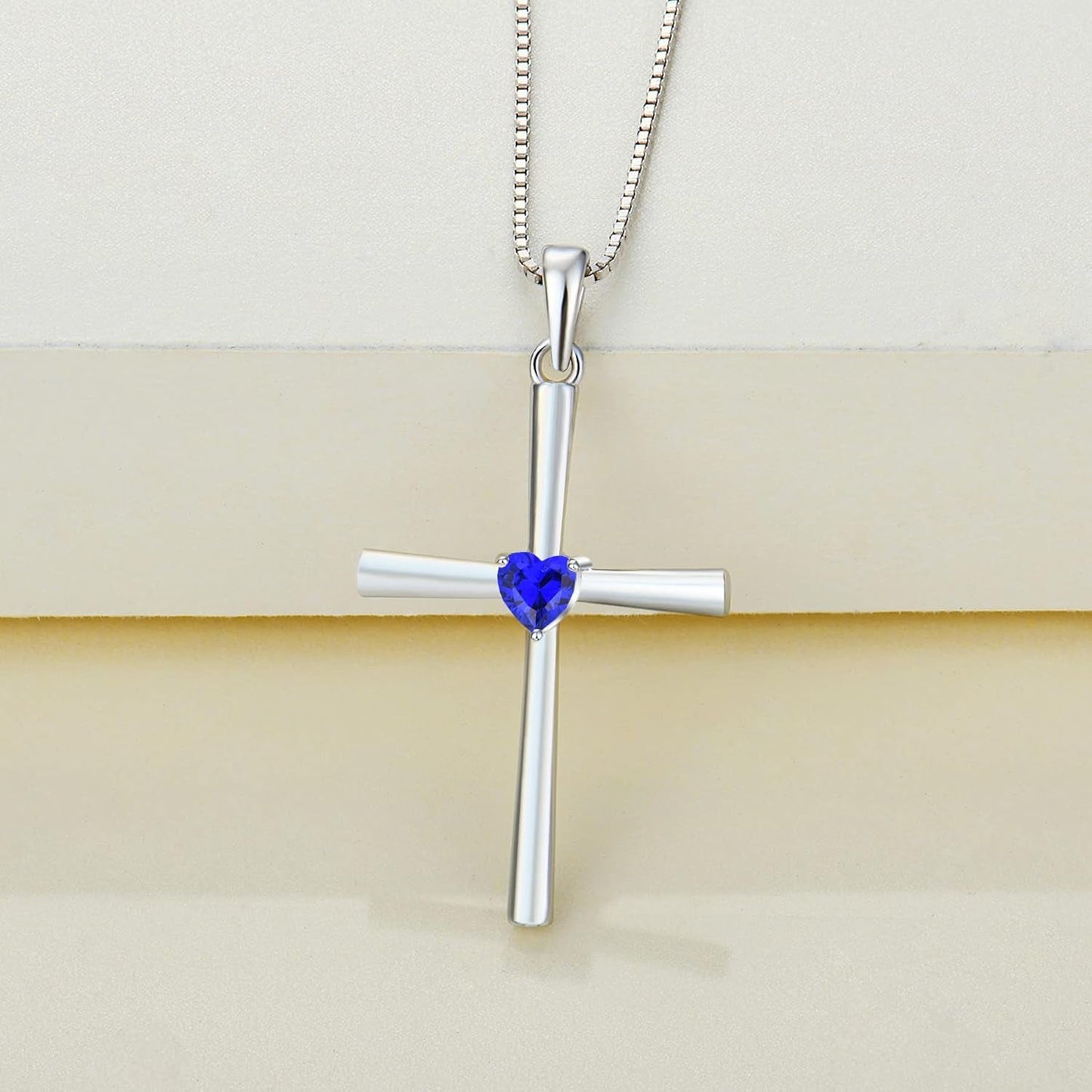 Women'S Cross Necklace 925 Sterling Silver Crucifix Pendant Heart Cut Birthstone Criss Jewelry