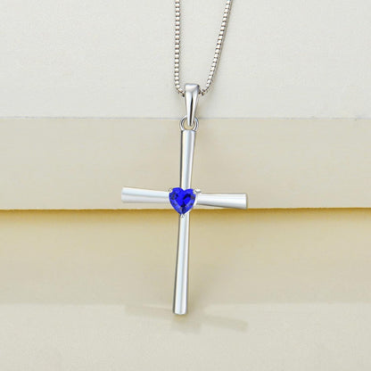 Women'S Cross Necklace 925 Sterling Silver Crucifix Pendant Heart Cut Birthstone Criss Jewelry