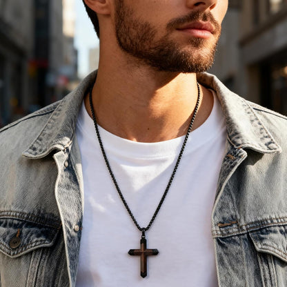 Wooden Cross Necklace for Men : 24'' Strong Chain Wood Christian Crosses Pendant,Silver/Black/Gold Plated Stainless Steel Religious Crucifix,Premium Gift for Him,Son,Husband,Boyfriend,Birthday