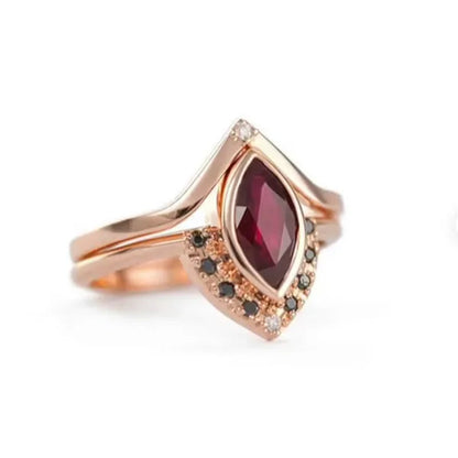 Unique Natural Rhombus 2 in 1 Ruby Engagement  Rose Gold Ring Marquise Bridal  Wedding Ring With Black Diamonds Women Ruby Ring Diamond Fine Jewelry
