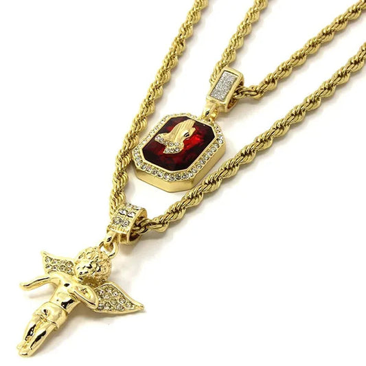 Yellow Gold Mens Gold Angel&P Ruby Bundle Set Cz Pendant Hip Hop 24"& 30"Rope Necklace Chain Pendant