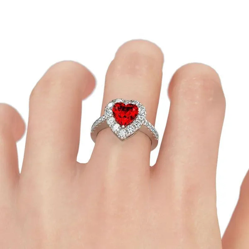 Beauty Silver Crystal Zircon Ruby Love Heart Ring Engagement Ring Gift Wedding Party Rings Female Ring Size 6-10