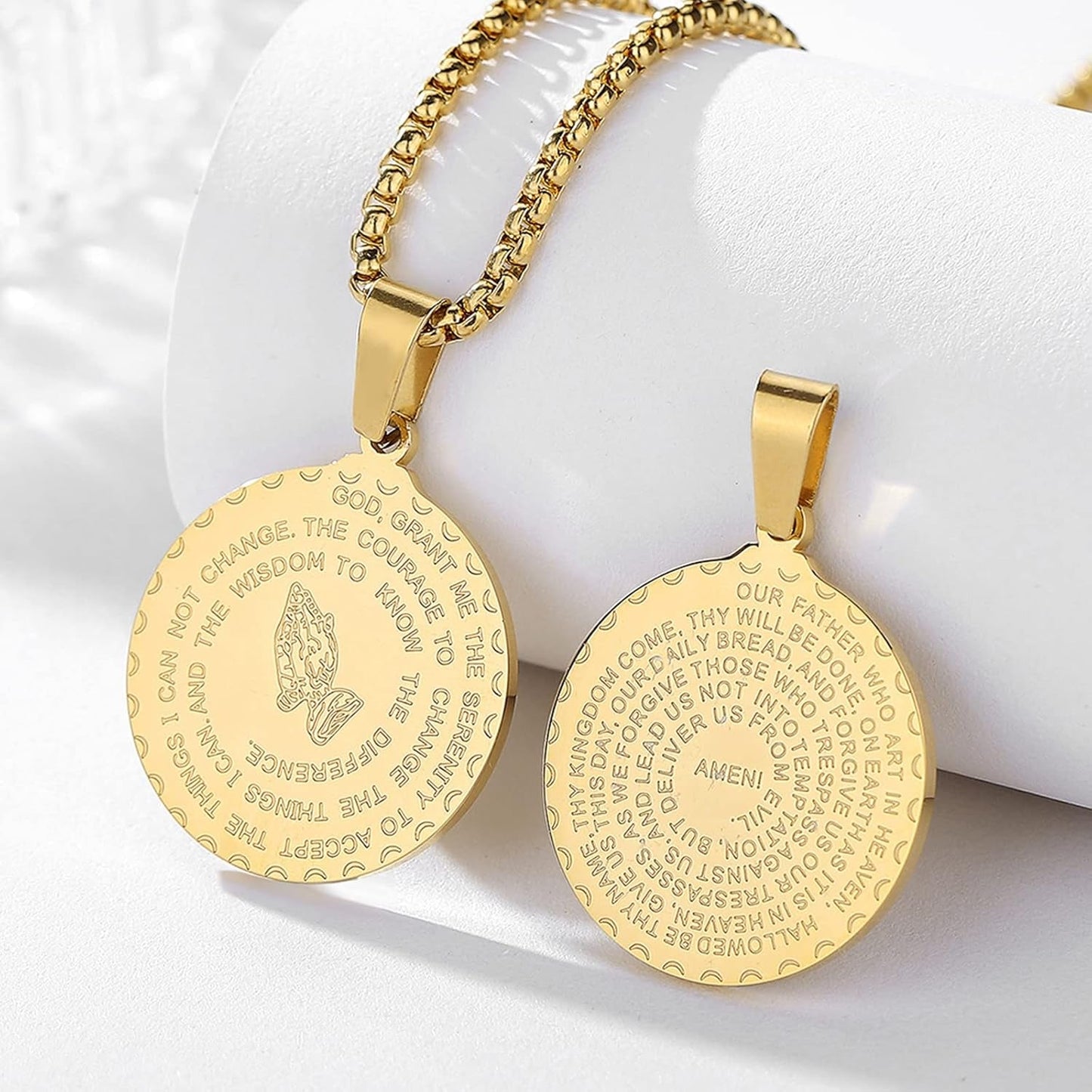 Serenity Prayer Necklace with Praying Hands Coin Pendant for Men Women Lords Prayer Bible Verse Courage Wisdom Stainless Steel 24 Inches