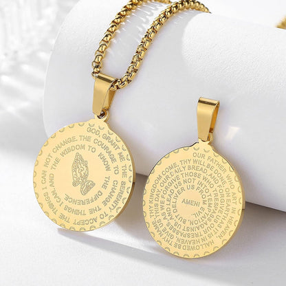 Serenity Prayer Necklace with Praying Hands Coin Pendant for Men Women Lords Prayer Bible Verse Courage Wisdom Stainless Steel 24 Inches