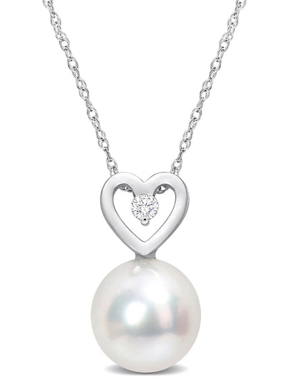 Women'S 9.5-10Mm South Sea Cultured Pearl and Diamond Accent 10Kt White Gold Heart Drop Pendant