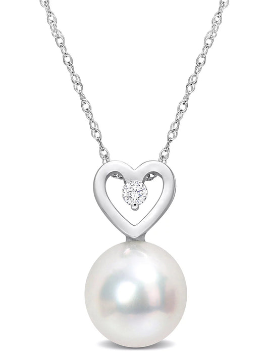 Women'S 9.5-10Mm South Sea Cultured Pearl and Diamond Accent 10Kt White Gold Heart Drop Pendant