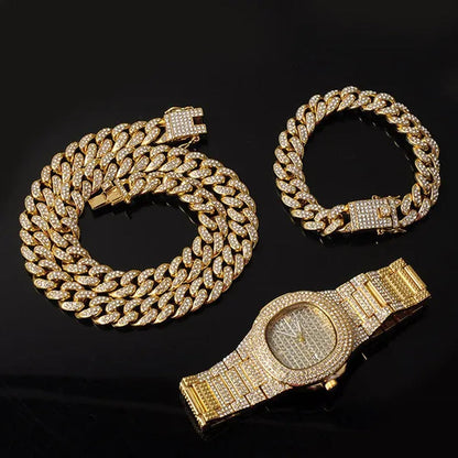 Iced Out Watch 18K Gold Diamond Miami Cuban Chain Link Choker Hip Hop Jewelry Gold Chain for Men Necklace Bracelet Ring Set