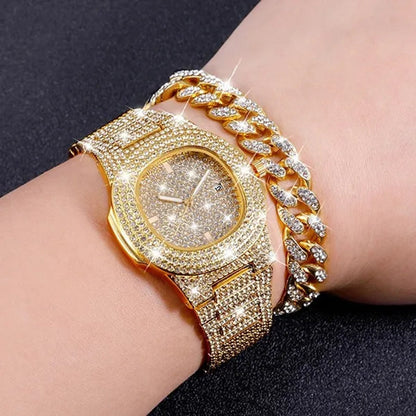 3 Colors 13MM Iced Out Chain Hip Hop Watch Necklace Bracelet Bling Miami Cuban Link Chain Mens Jewelry Set Relojes Hombre