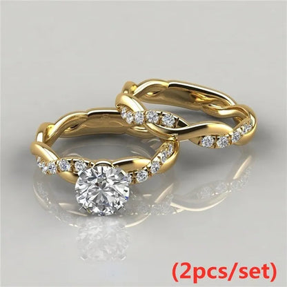 Women's Dainty  Twist Round Cut White Sapphire Ring Set Bridal Engagement Diamond Ring Wedding Band Anniversary Gift Banquet Party Jewelry Ring Size 5-11