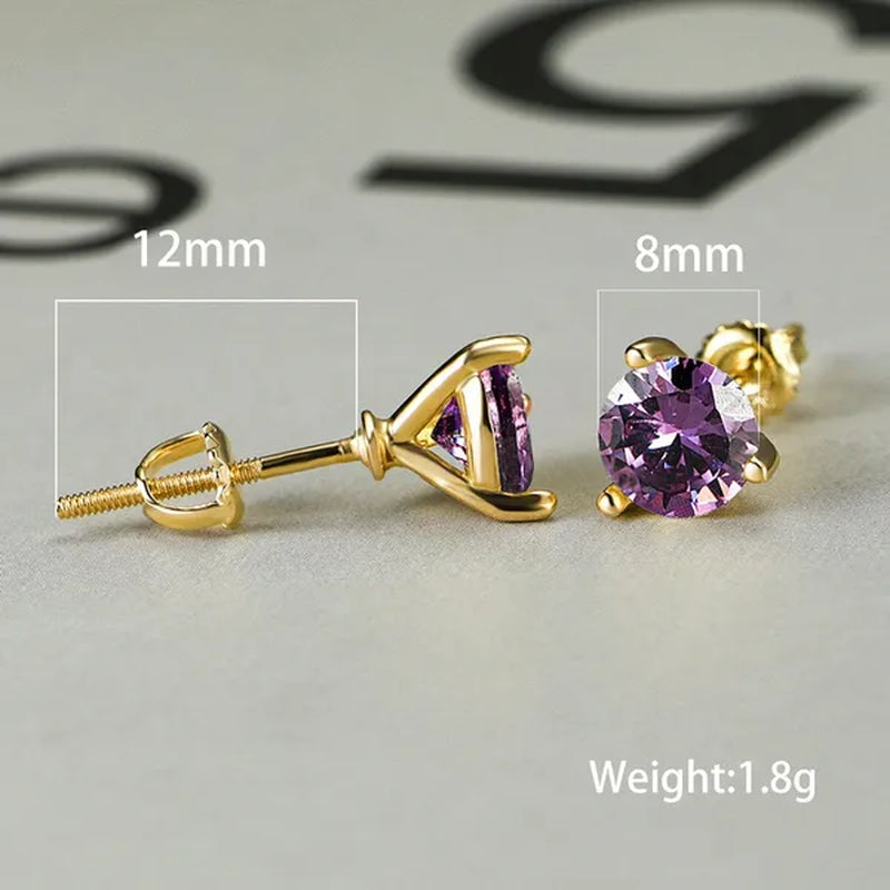 Chic 18K Gold Three-Prong Martini Round Amethyst Stud Earrings Bride Wedding Engagement Jewelry Gifts 6mm/7mm/8mm