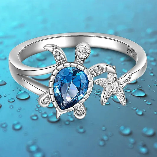 Unique Fashion Turtle Ring Sea Turtle Starfish Rings for Women Blue Stone Cute Ocean Gifts Animal Zircon Ring Girl Birthday Party Wedding Jewelry