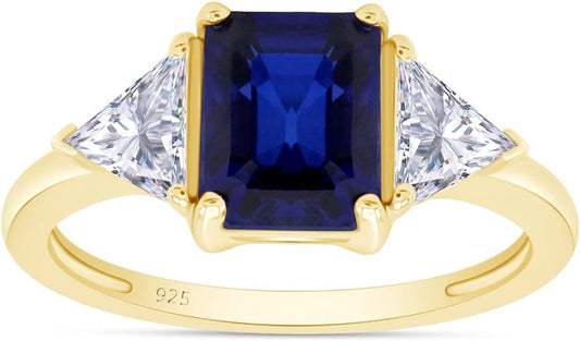 14K Gold Plated 925 Sterling Silver Emerald Cut Blue Sapphire with Trillion White Topaz Ring for Women Statement Jewelry, Mother'S Day Gift for Her
