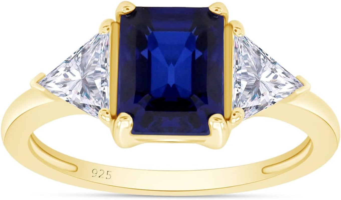 14K Gold Plated 925 Sterling Silver Emerald Cut Blue Sapphire with Trillion White Topaz Ring for Women Statement Jewelry, Gift for Her