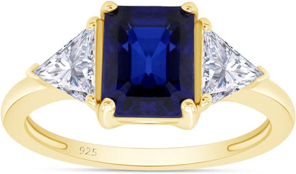 14K Gold Plated 925 Sterling Silver Emerald Cut Blue Sapphire with Trillion White Topaz Ring for Women Statement Jewelry, Gift for Her