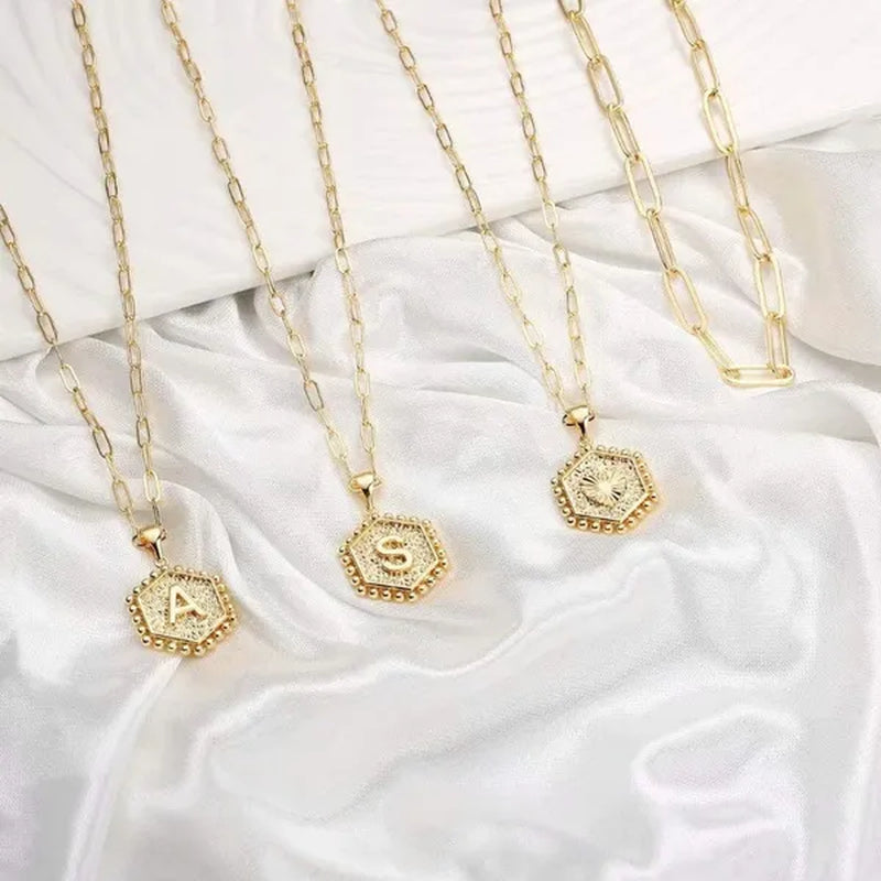 Dainty Layered Initial Necklaces for Women, 14K Gold Plated Paperclip Chain Necklace Simple Cute Hexagon Letter Pendant Initial Choker Necklace Gold Layered Necklaces for Women