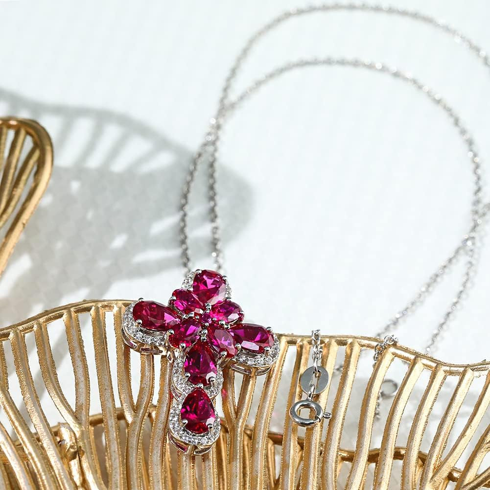 Womens Gemstone Cross Pendant Necklace 925 Sterling Silver Created Ruby Peridot Religious Christian Jesus Jewelry Water Wave Chain 18+2 Inches